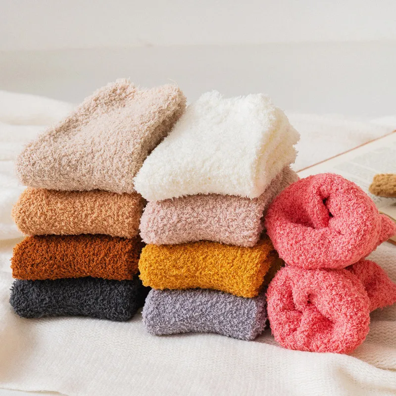 

Women Warm Soft Fluffy Bed Socks Autumn Winter Solid Color Ladies Home Floor Slipper Plush Thicken Coral Fleece Snow Socks