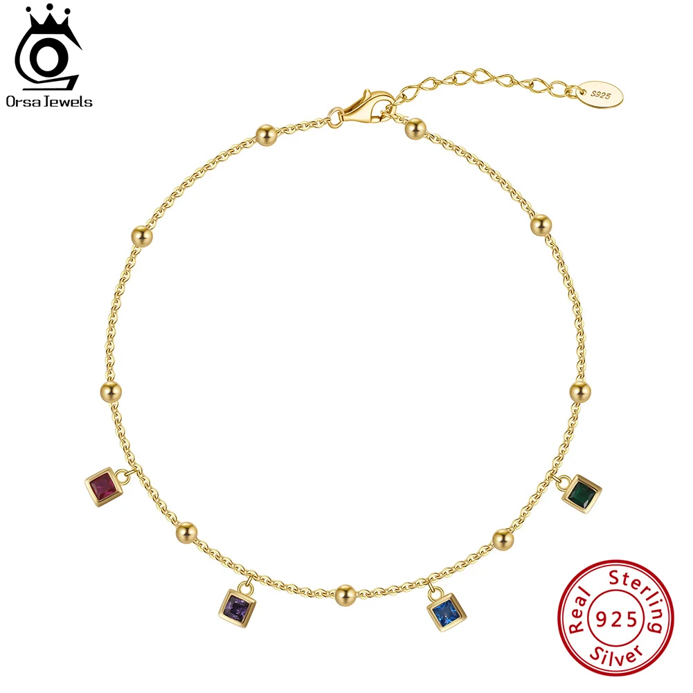Fashion Colorful Cubic Zirconia 925 Pure Silver Anklet ORSA JEWELS For Women Waterproof Chain Zircon Trendy Foot Jewelry SA91