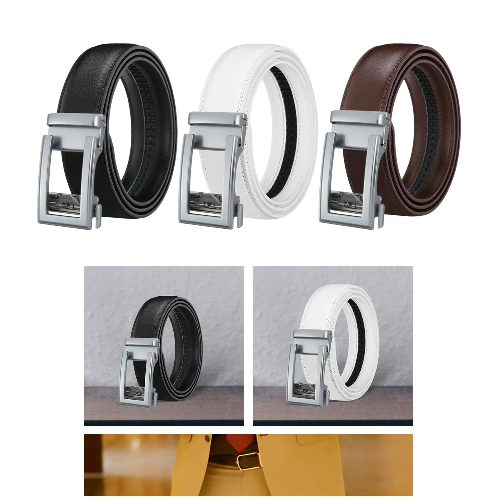 Men Belt PU Leather Belt Classic Automatic Buckle Casual Work Belt Dress Belt Slide for Business Events Dancing