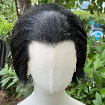 Widow‘s Peak Jet Black Synthetic Wigs for Men 13x4 Lace Front Wigs Short Bob Cut Cosplay Wigs for Women 150% Density Glueless