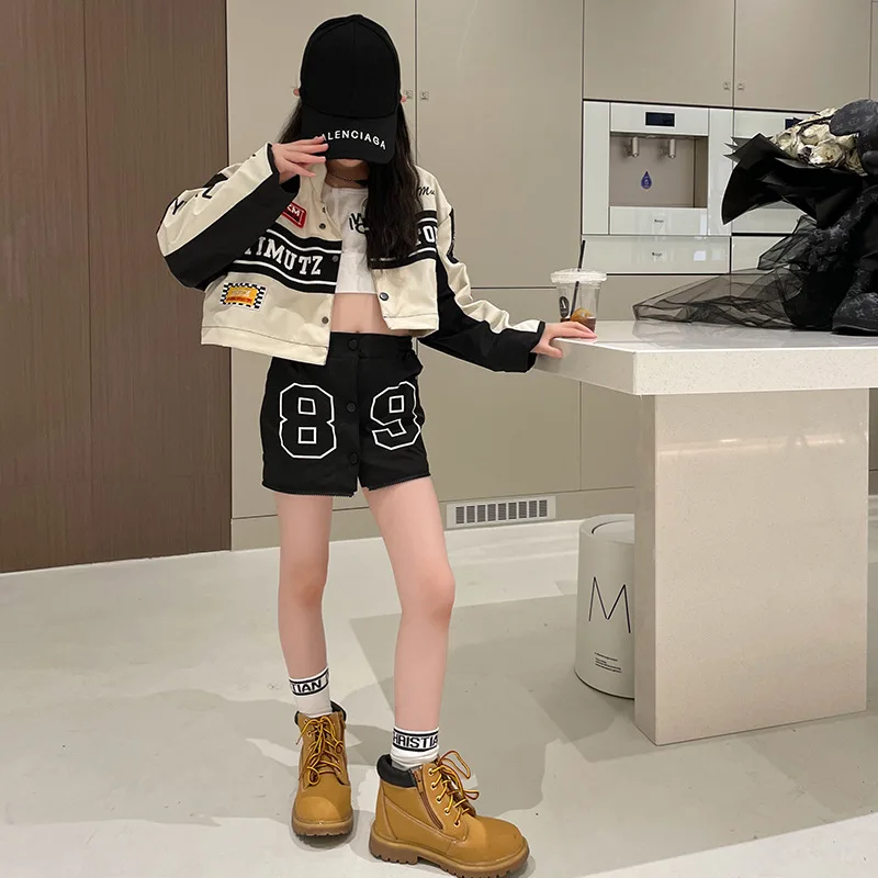 

Girls Casual Suit Spring Autumn Children's Clothing Letter Print Jacket +Shorts 2pcs Kids Clothes Baseball Uniform Outfits 4-14Y