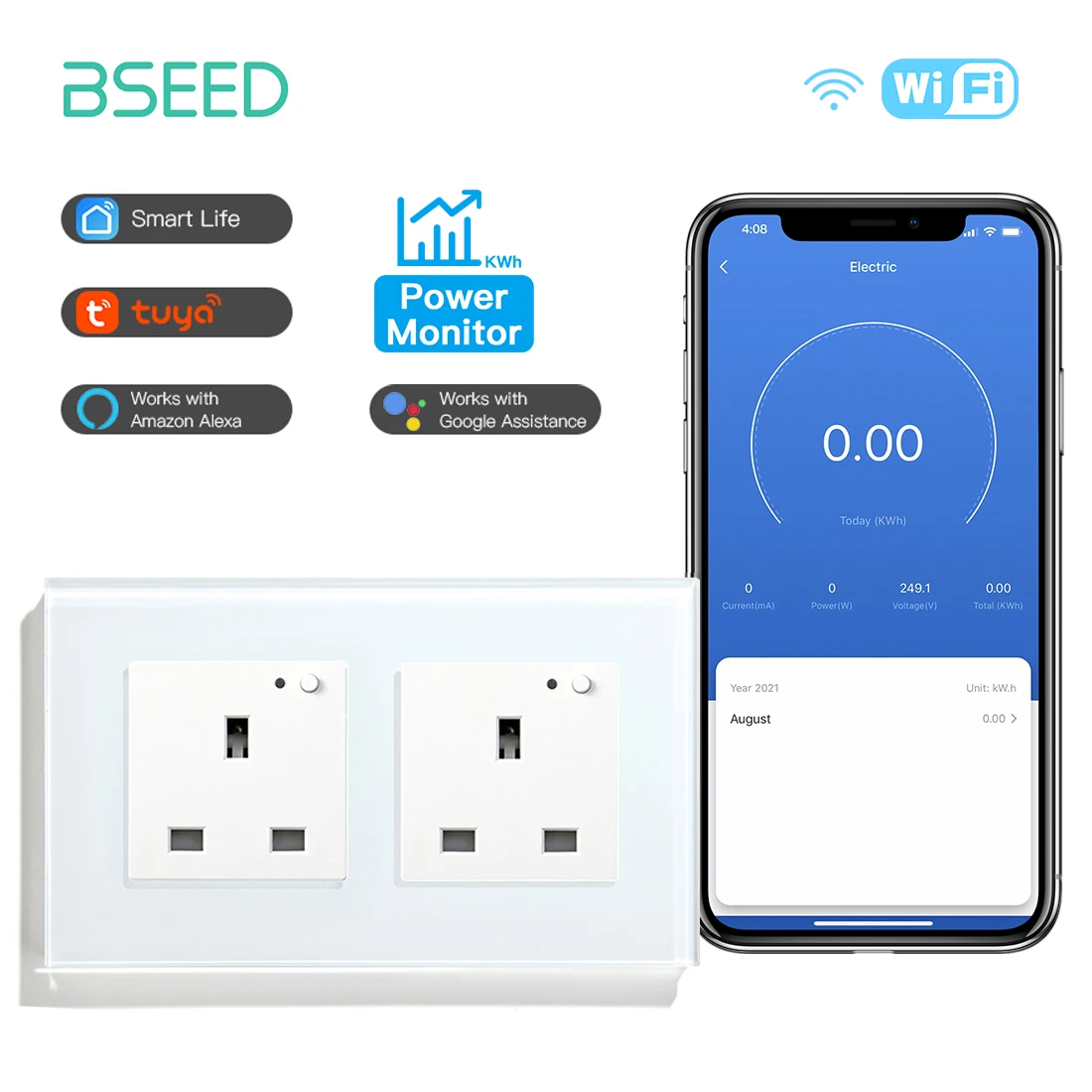 Tomada Inteligente Bseed-wifi Tomadas de Parede do Reino Unido Tomadas de Energia Elétrica Tuya Smart Life Controle do Aplicativo Google Alexa Função Monitor de Energia