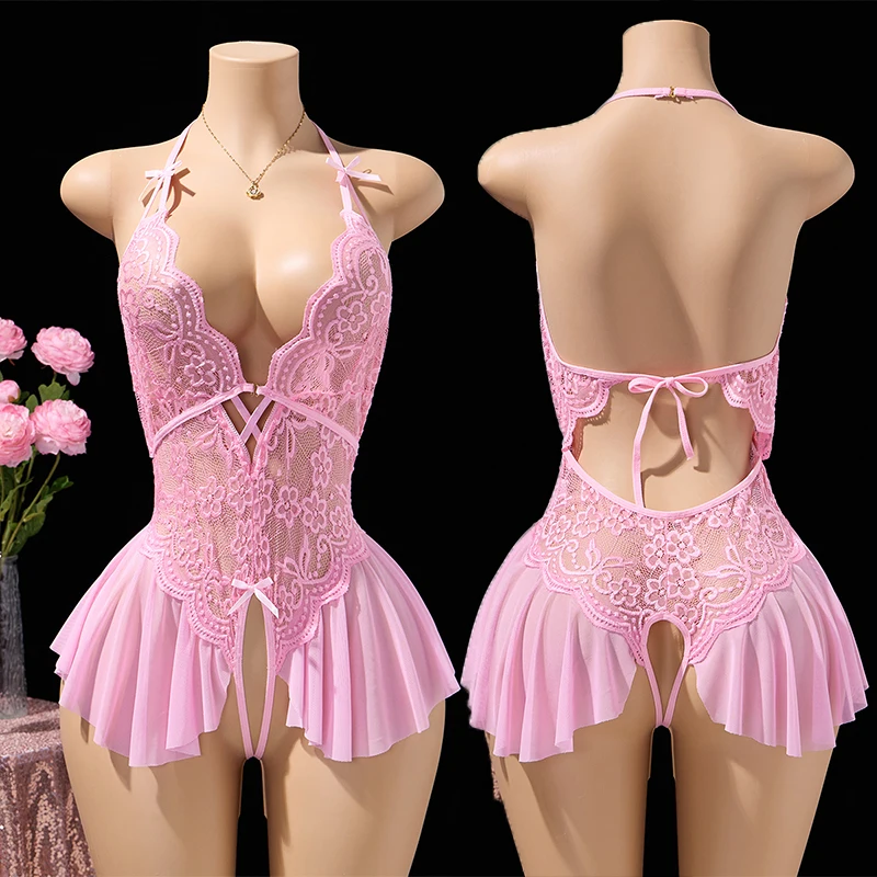 Pink Sexy Lingerie Women Hollow Open Bodysuit  Adult Apparel Teddy Crotchless Erotic Underwear One Piece V-neck Hot Lace Pajamas
