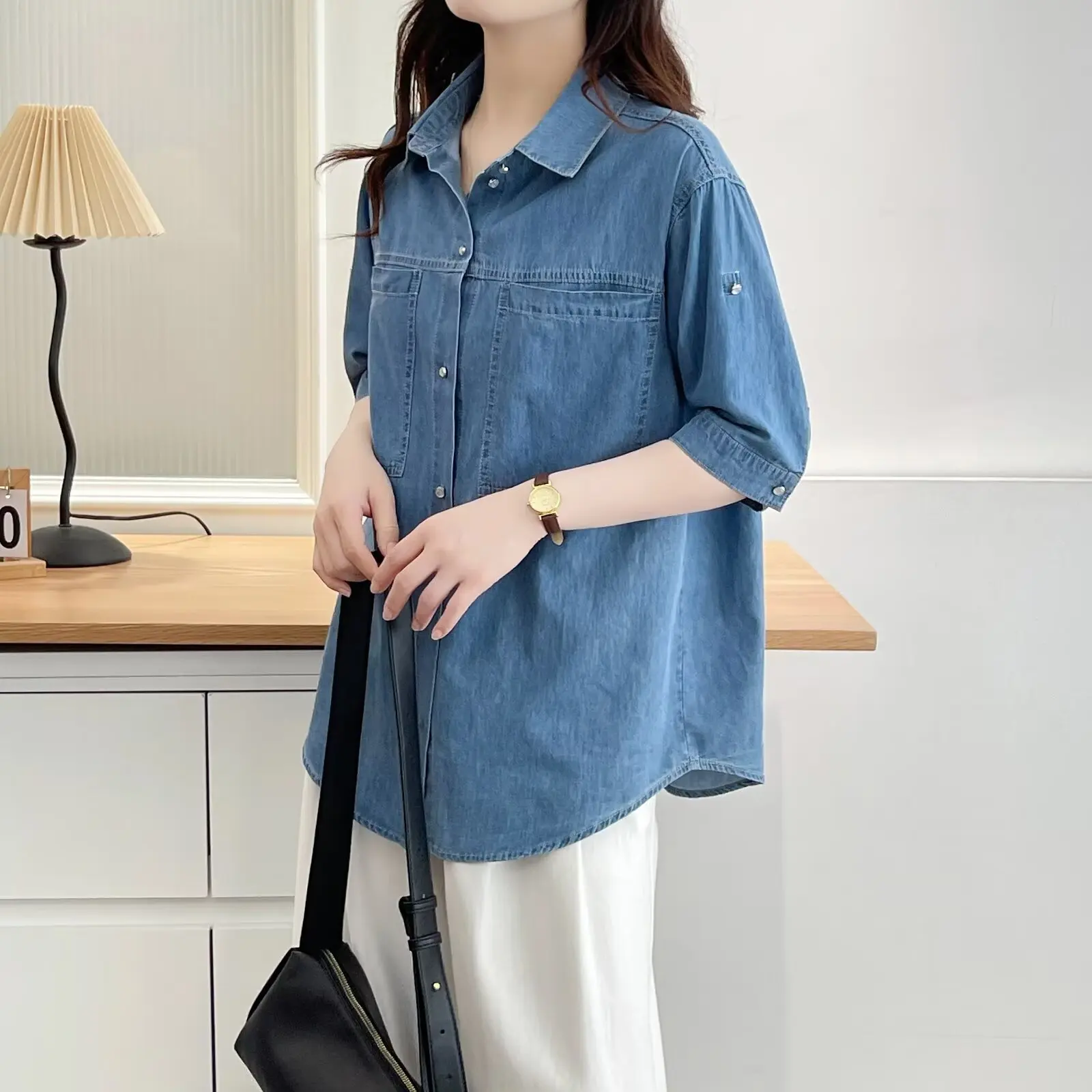 100kg Summer Blouses Fashionable New Half Sleeve Denim Shirt Plus Size Women's Top 7149