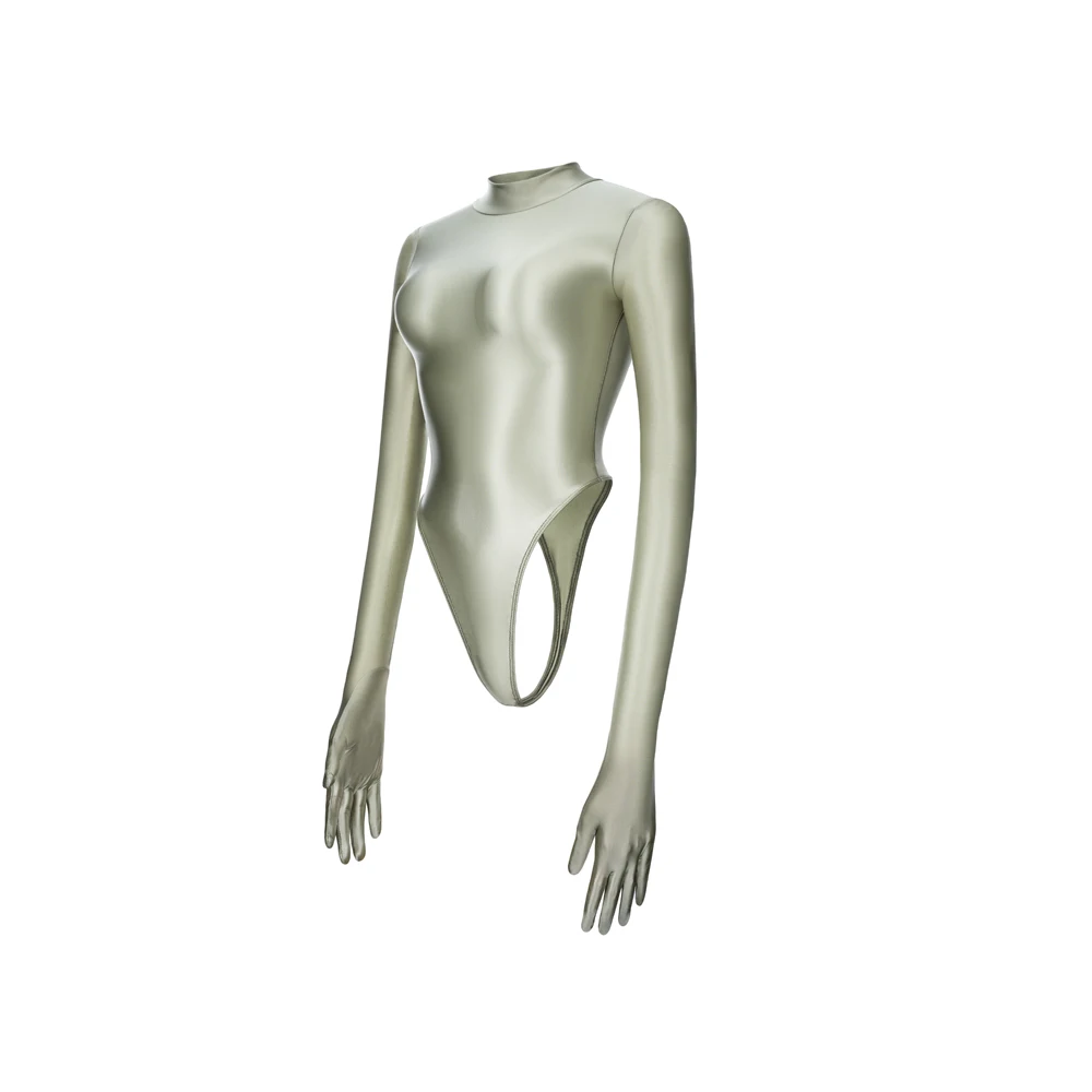 Damen Sexy Glänzender Elastischer Bodysuit mit Langen Ärmeln und Hohem Kragen, Einteiliger Badeanzug mit Hohem Beinausschnitt und T-Back, Einfarbige Cosplay-Strumpfhose – Detail 12