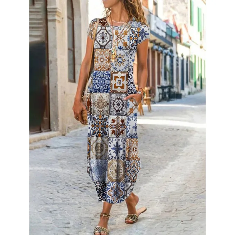 Women Summer Dress Round Neck Pocket Short Sleeve Floral Printed Ankle Length Long Women Dresses Vestidos YSX9021 5