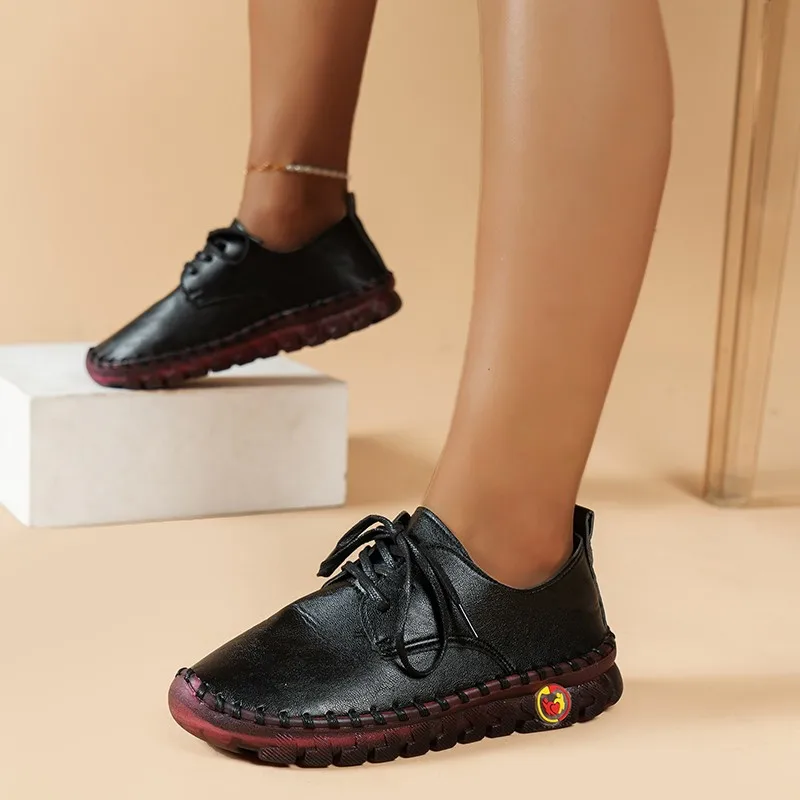 

Women's Spring Vintage Breathable Shoe Platform Loafers Lace up Leather Non slip New Fashion Casual Mom's Shoe Zapatos Mujer