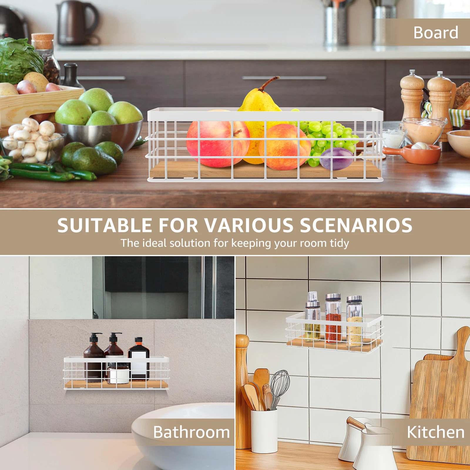 Wall Mounted Metal Storage Holder with Wood Base Toilet Paper Rectangular Basket Versatile Bathroom Basket for Bathroom Kitchen 6
