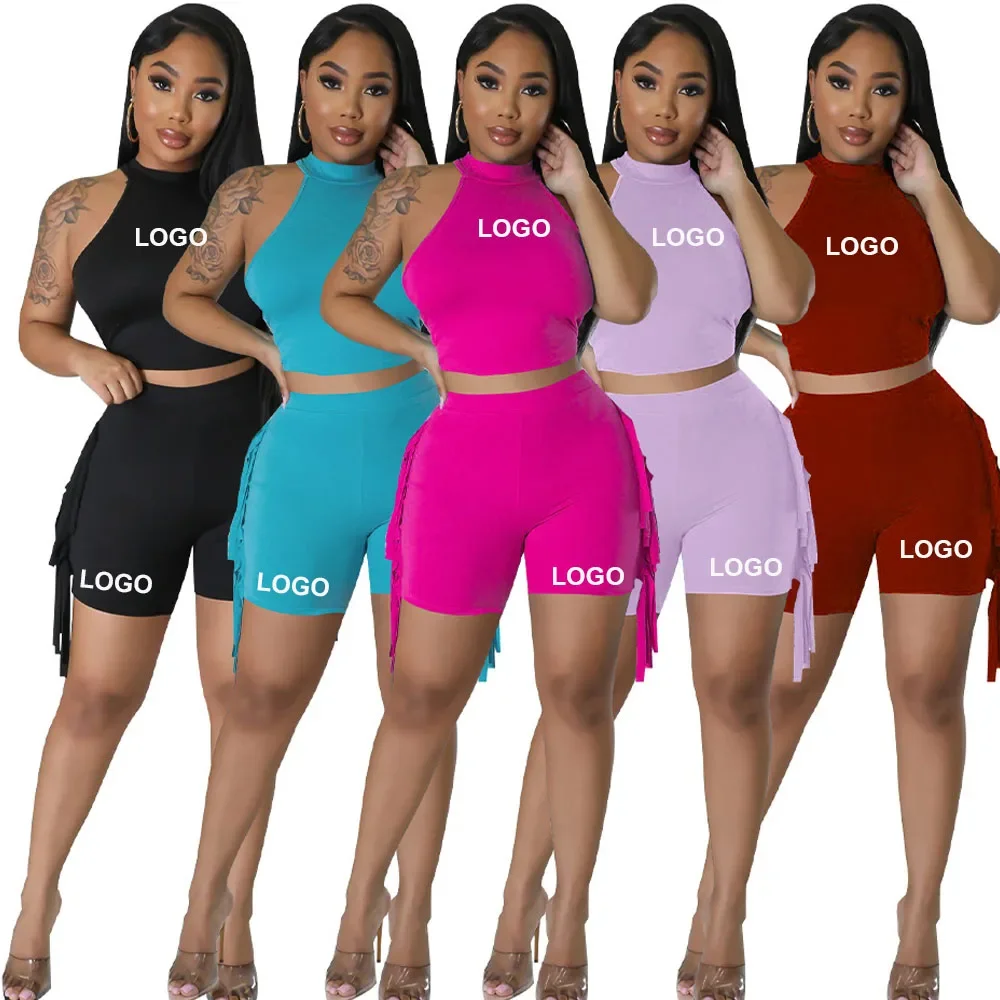 

Женские комплекты одежды с логотипом на заказ, комплект из двух предметов, лето 2023, кроп-топ, 2 предмета, велосипедные женские шорты с бахромой, комплект для женщин