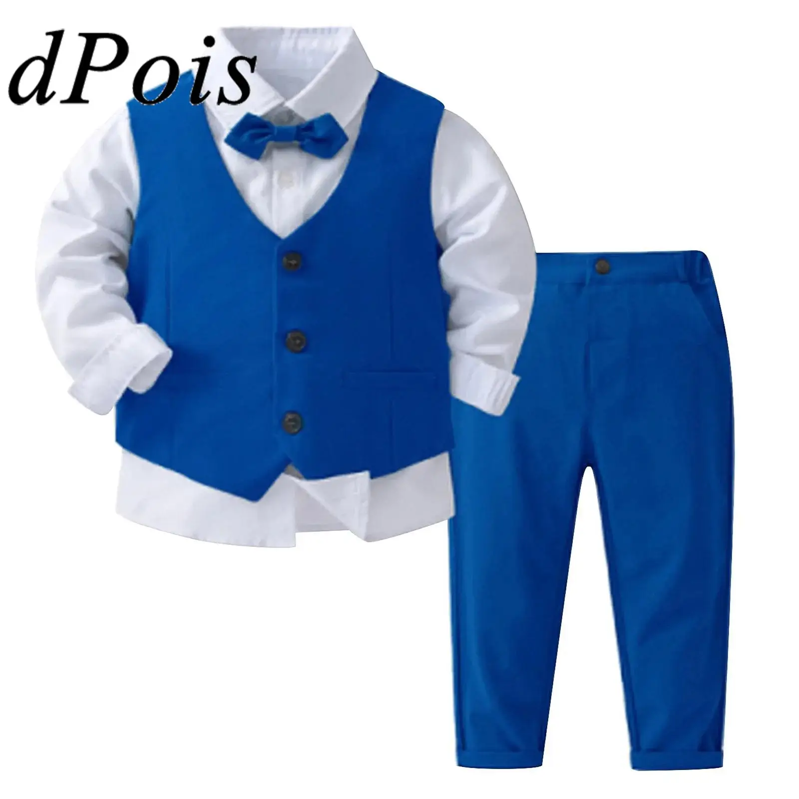 

Toddler Boys Gentleman Formal Outfit Long Sleeve Shirt with Bow Vest Pants Suit for Boy School Uniforms Party Banquets Baptism
