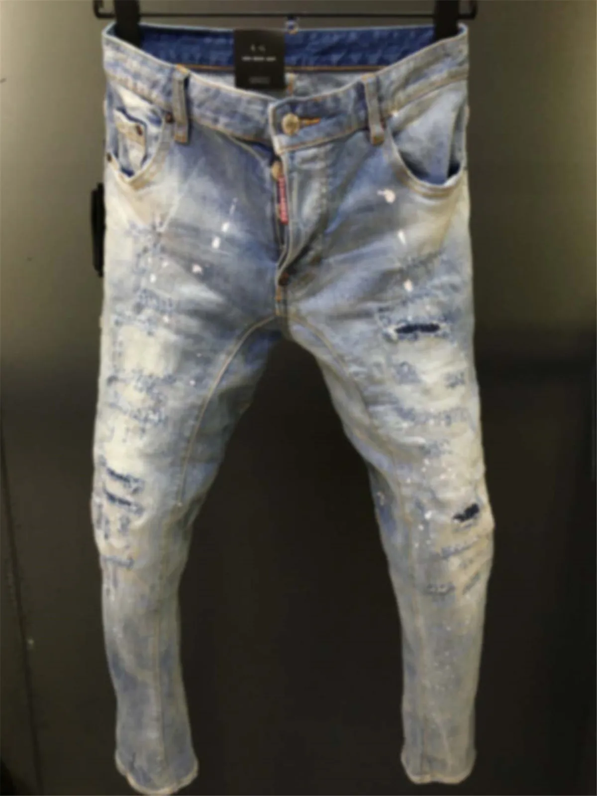 2024 New D2 Jeans Fashion Men's Wash and Hole Patch Versatile Patch Cloth Splash Ink Paint Old Blue Men's Pants