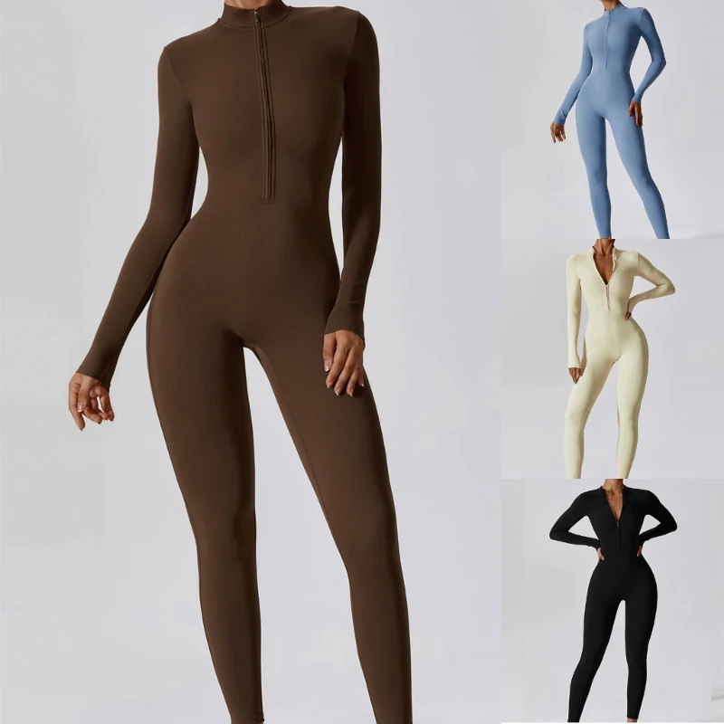 Long Sleeve Yoga Playsuit Solid Stretchy Bodycon Jumpsuits Autumn Outfits Romper Dropship