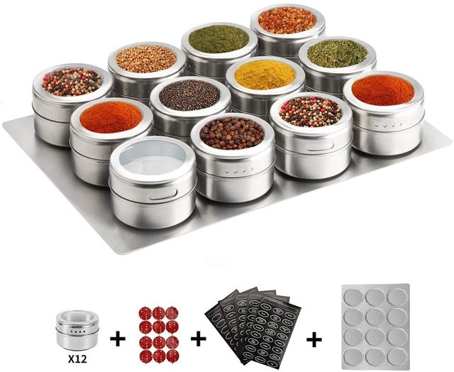 Magnetic Spice Jars with Spice Labels Stainless Steel Magnetic Spice Tins with Wall Base Magnetic on Refrigerator