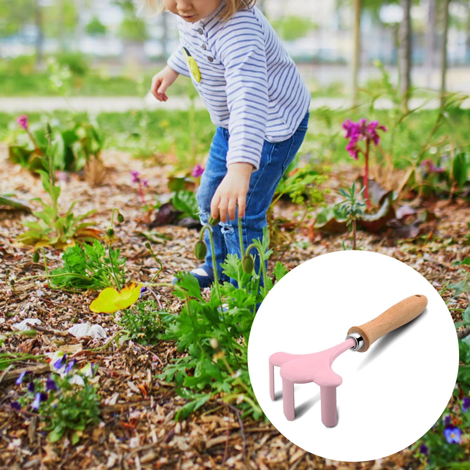 Little Gardener Tool Set Colorful  Safe Tools with Wood Hand Shovel Rake Fork Set Gardening Gifts for Kids Girls 2