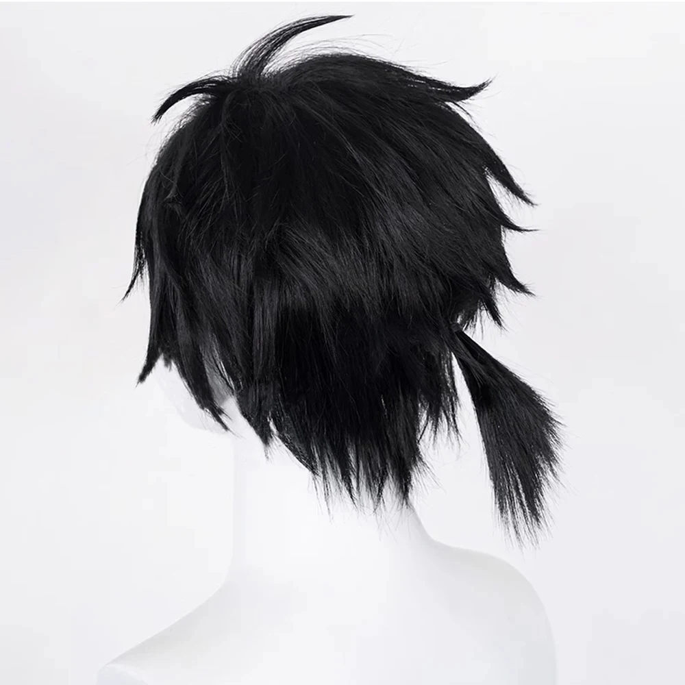 Synthetic Short Black Straight Wig with Bangs for Men and Women Daily Cosplay Anime Halloween Party Realistic Fake Hair - 5