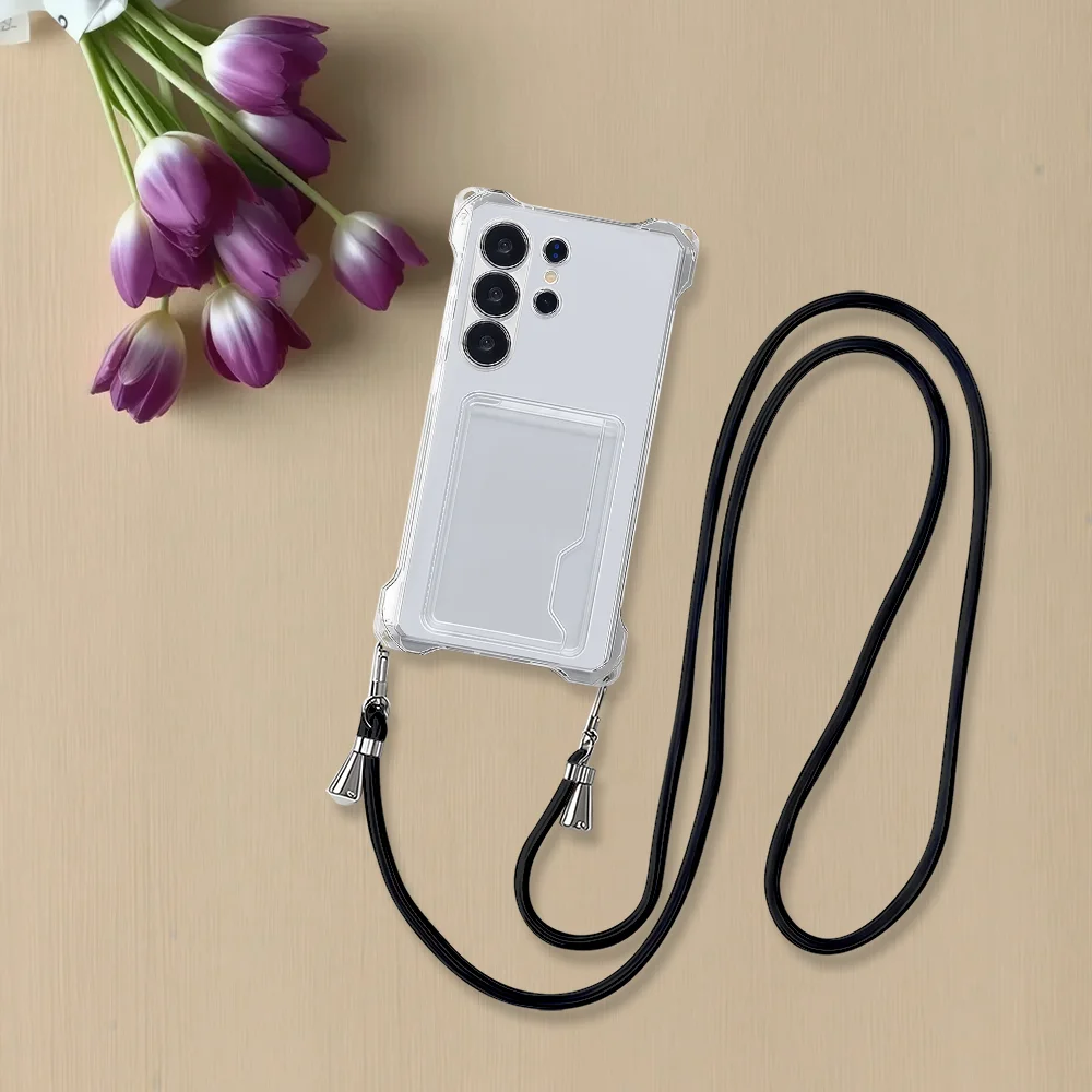 Adjustable Crossbody Lanyard Phone Case with ID Card Slot and Clear Silicone Cover