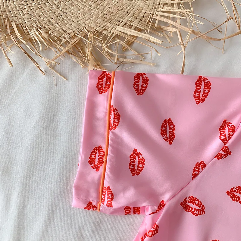 Cute Lips Elegant Pamas Set for Women Two Pieces Satin Silk Home Clothes Night Wear Summer Ladies Shorts Pjs Lounge_voghion.com