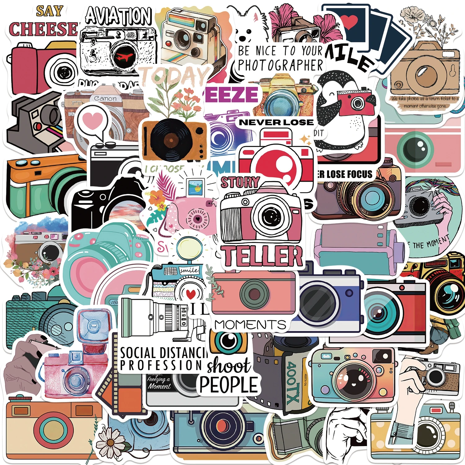 

50Pcs Camera Photographer Stickers Aesthetic DIY Scrapbook Phone Case Travel Luggage Skateboard Cool Cute Cartoon Sticker