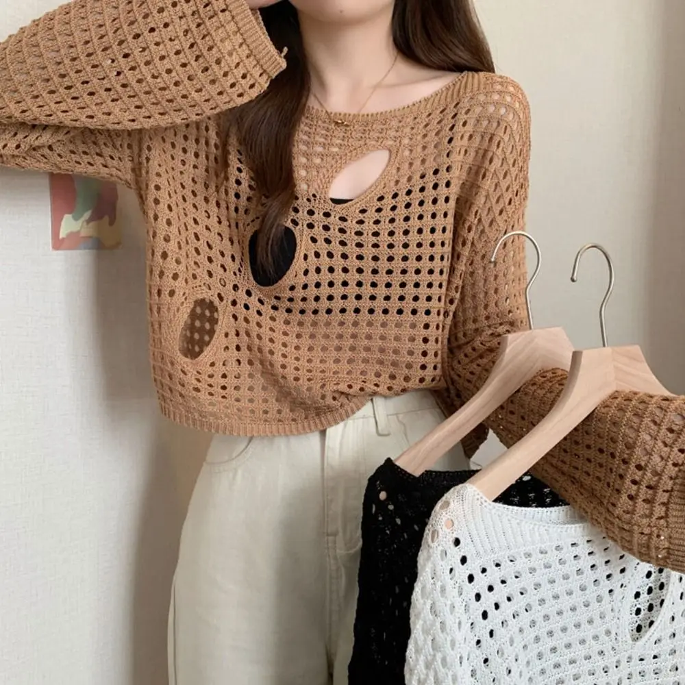 

Knit Hollow-out Blouses New Long Sleeve Hollow-out Knitwear Tops Thin Round Neck Fishnet Pullover Women