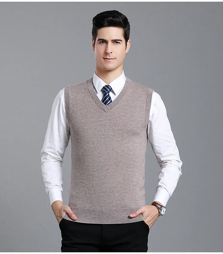 Men 100% Super Fine Merino Wool Vest 2024 Spring Pure Cashmere Waistcoat V-Neck Sleevelesss Sweater Vest