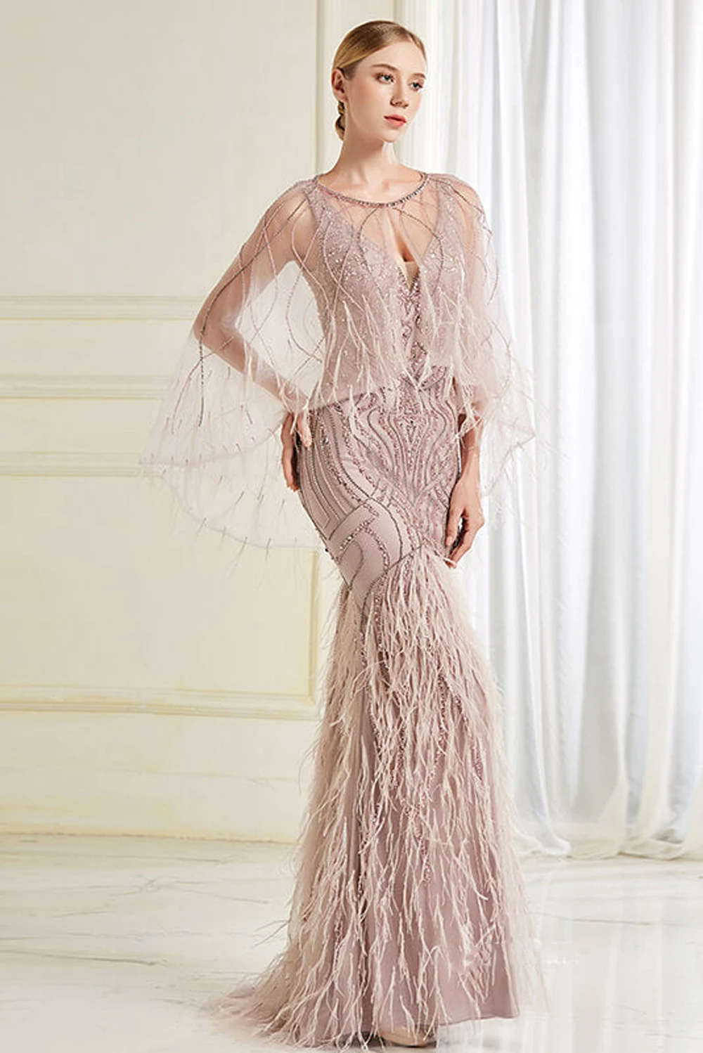 

Caramel Mermaid Beaded Evening Dresses Feather Luxury Crystal Elegant With Cape Wedding Formal Party Prom Gowns Robe De Soiree