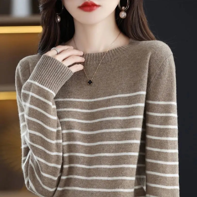 

2024 Autumn Winter Long Sleeve Striped Pullover Women Sweater Knitted Sweaters O-Neck Tops Casual Pull Femme Jumper Female T160