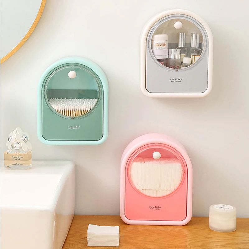 

Cotton Swabs Storage Box For Household Wall mounted Flip Lid Sundries Organizer Dust-Proof Cotton Pad Cosmetics Storage Stand
