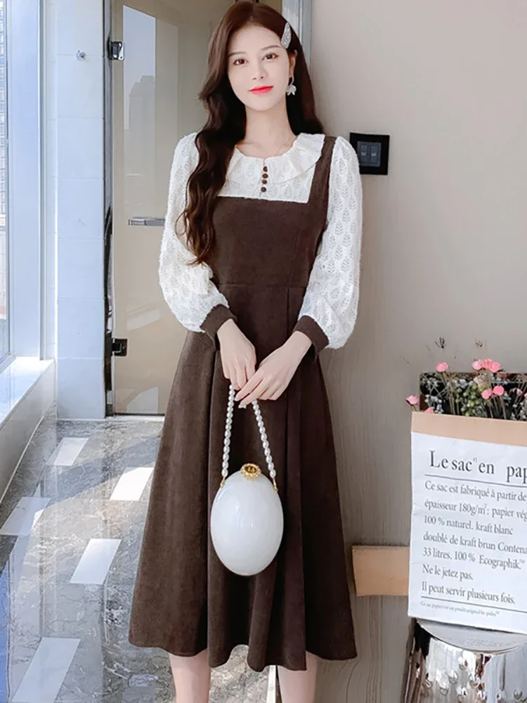 

2024 черное вельветовое лоскутное кружевное платье миди с длинным рукавом женское шикарное платье с оборками на воротнике осенне-зимние плотные теплые платья