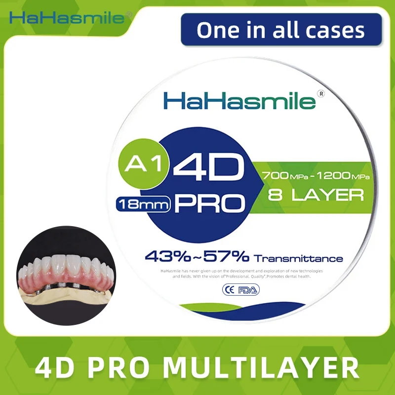 

HaHasmile 4D Pro Multilayer Zirconia Block A1 A2 A3 Color 8 Layers 98mm Dental Lab Material Cad Cam Super Translucency 43%-57%