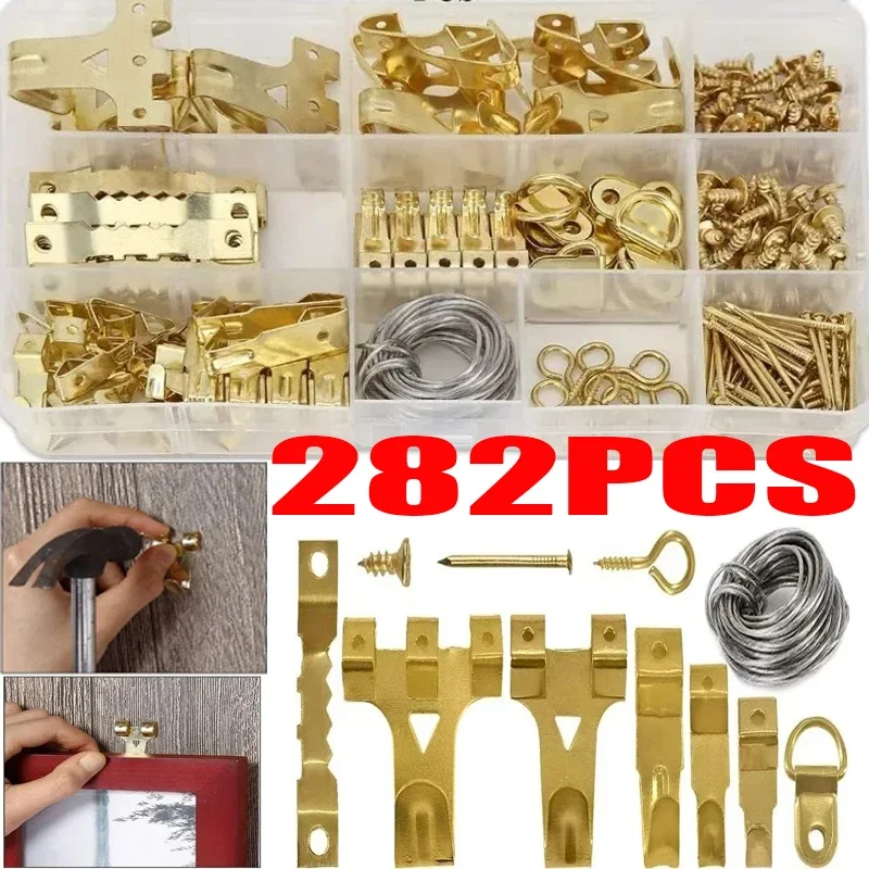 Picture Hanging Kit Metal Photo Hook Photo Frame Hanging Mounting Accessories Multi-purpose Clock Wall Drawing Hanger 282Pcs