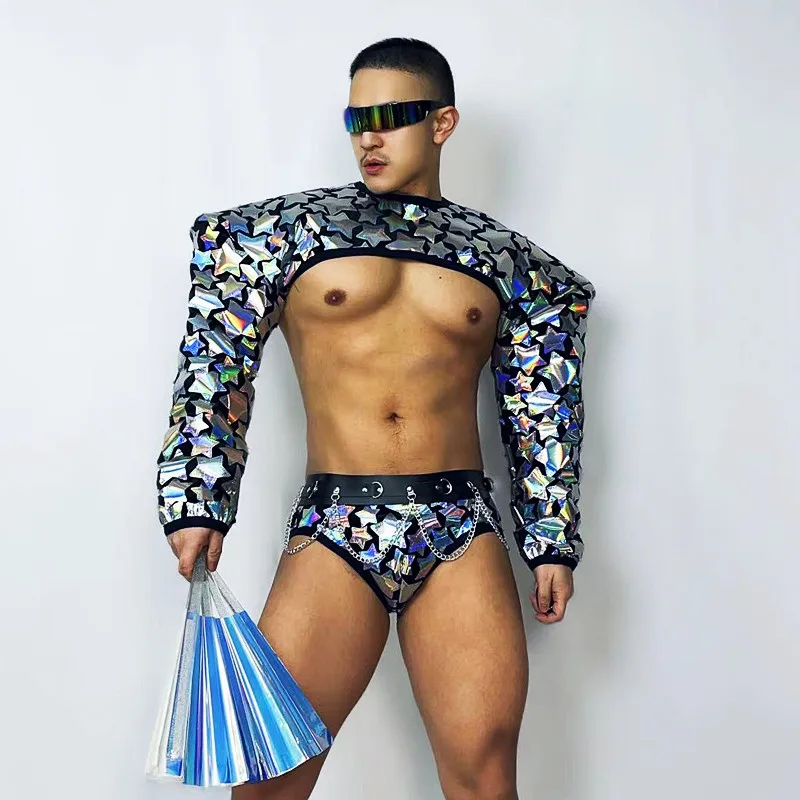 

Sexy Bar Club Party Show Dance Costume Silver Laser Mirror Sequins Tops Shorts 2 Piece Outfits Male Gogo Performance Stage Wear