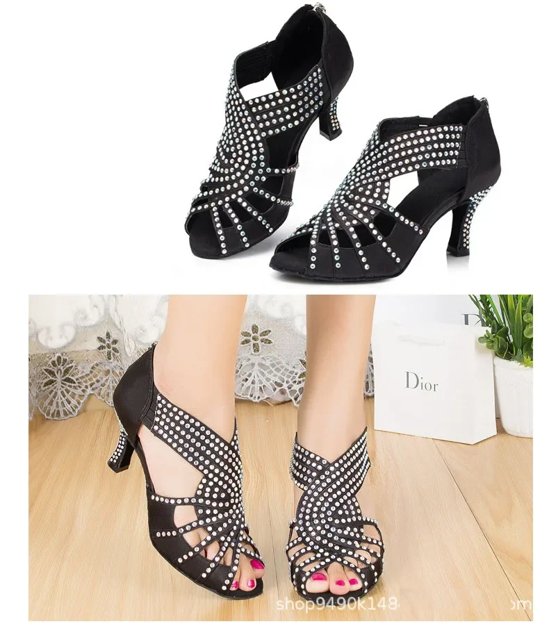 

Black Set Auger Latin Dance Shoes Ballroom Performances Indoor for Women High Heel Jazz Soft Bottom Modern Sandals Free Shipping