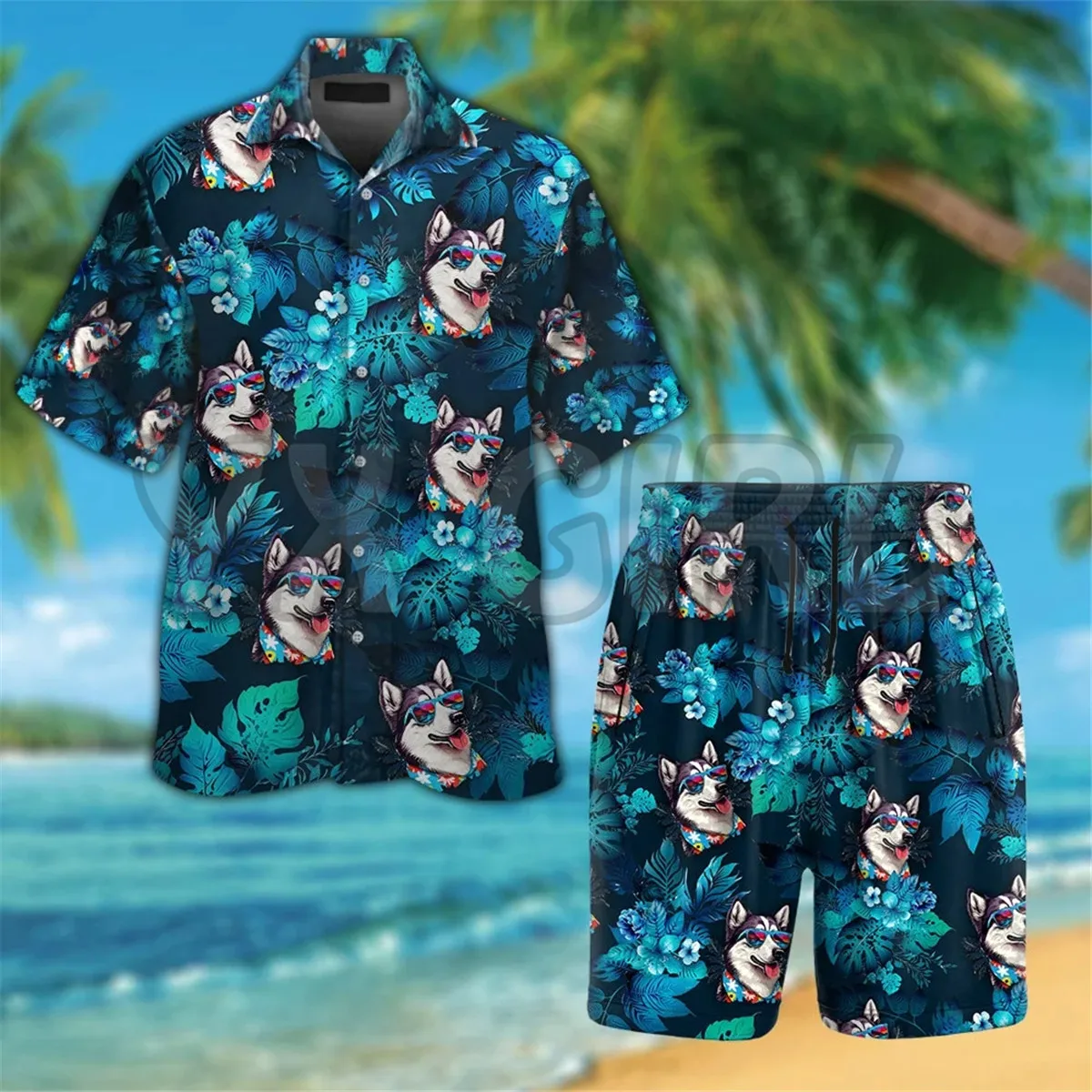 Siberian Husky Wearing Sunglass Funny Hawaiian Shirt 3D Printed Hawaiian Shirt+Beach Shorts Summer Tops