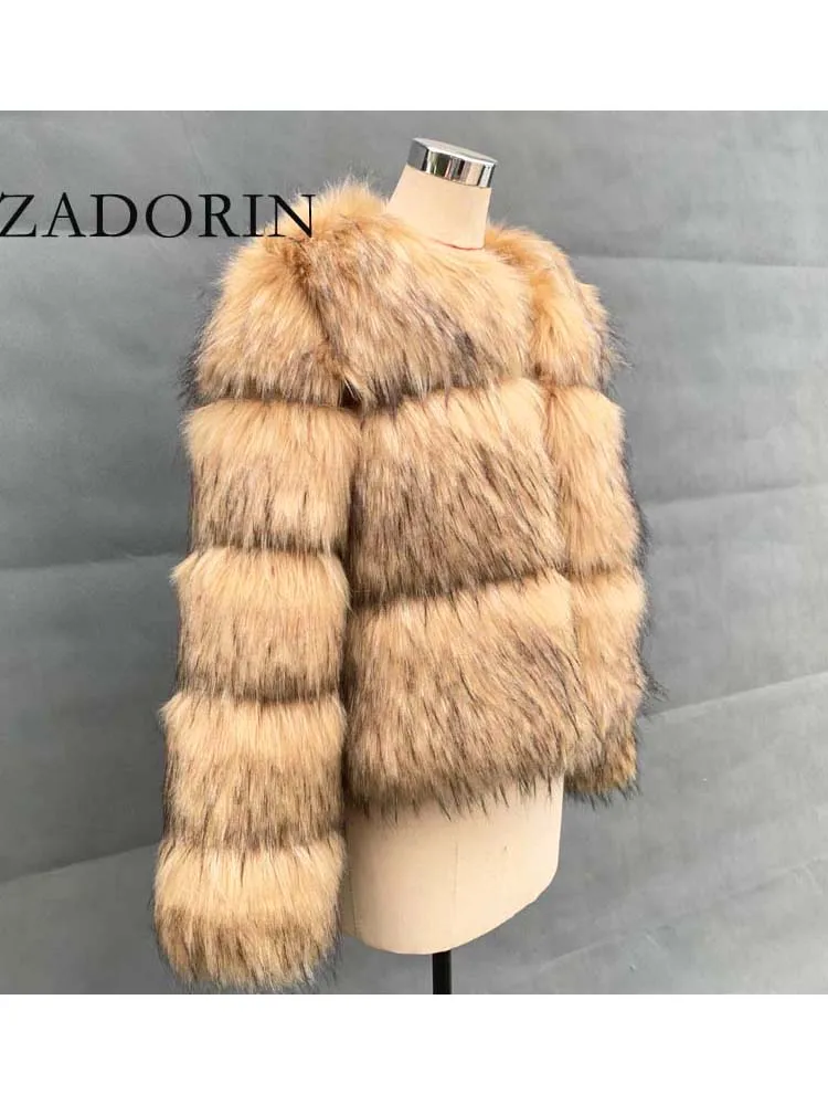 ZADORIN Women Fashion Faux Raccoon Fur Coat Luxury Short Furry Fur Top Jacket Women Winter Plush Fluffy Fur Coats for Women 5