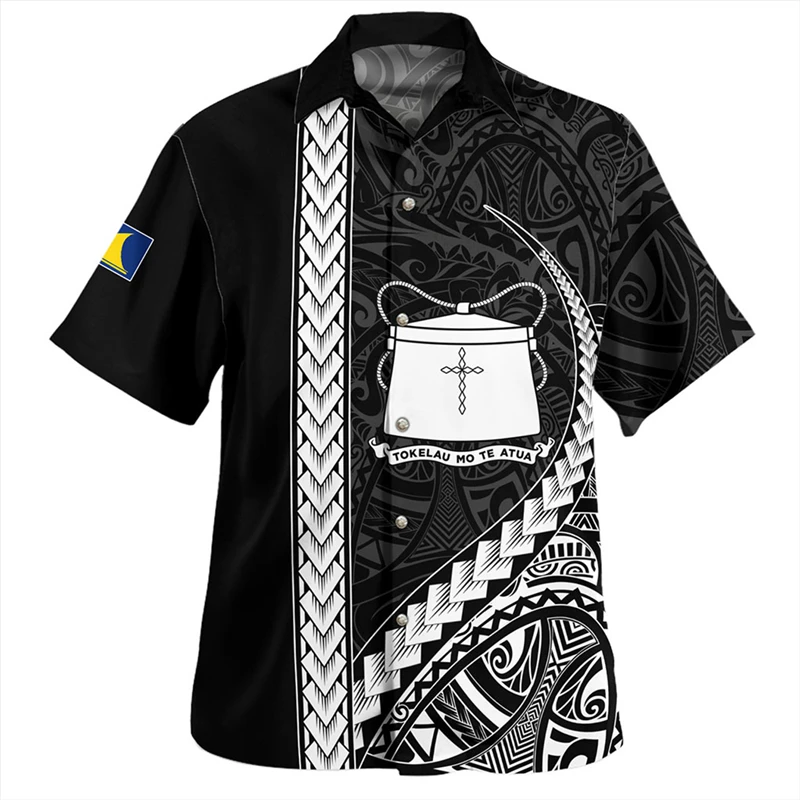 thumbnail image 1 of Camisa de playa de manga corta con estampado 3D para hombres, ropa tribal isleña polinesia, camisas casuales con botones para hombres, ropa, 1 of 5