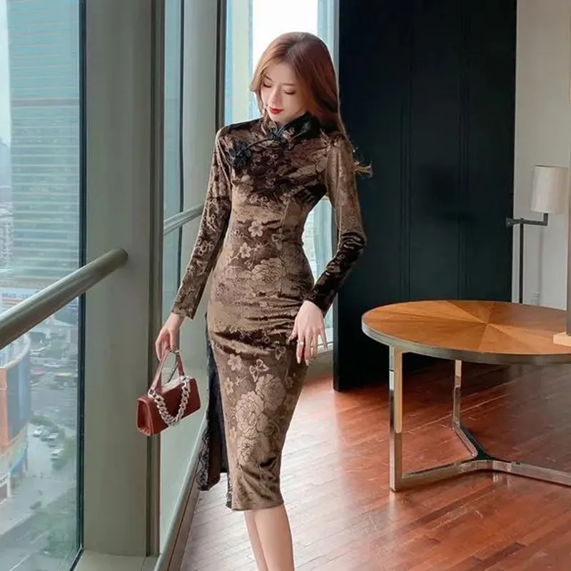 

French Vintage Bone Erosion Print Dress Autumn Winter Long Sleeve Slim Evening Party Dress Female Retro Fried Street Lace Dress