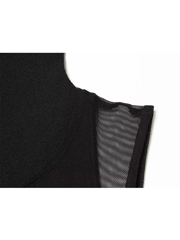 Elegant Women Fashion Midi Dress Solid Mesh Patchwork Double Layer Dresses Chic Turlteneck Sleeveless Two-Piece Dress Lady