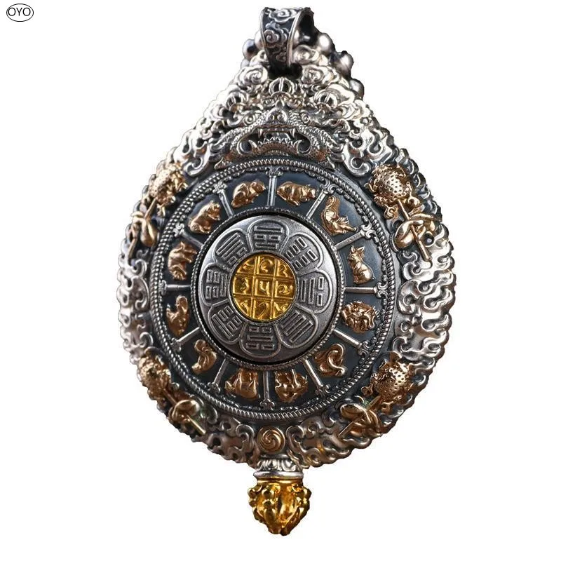 

100% 925 Sterling Silver Jiugong Bagua brand yellow God of wealth retro personality trendy cool creative Necklace Pendant for me