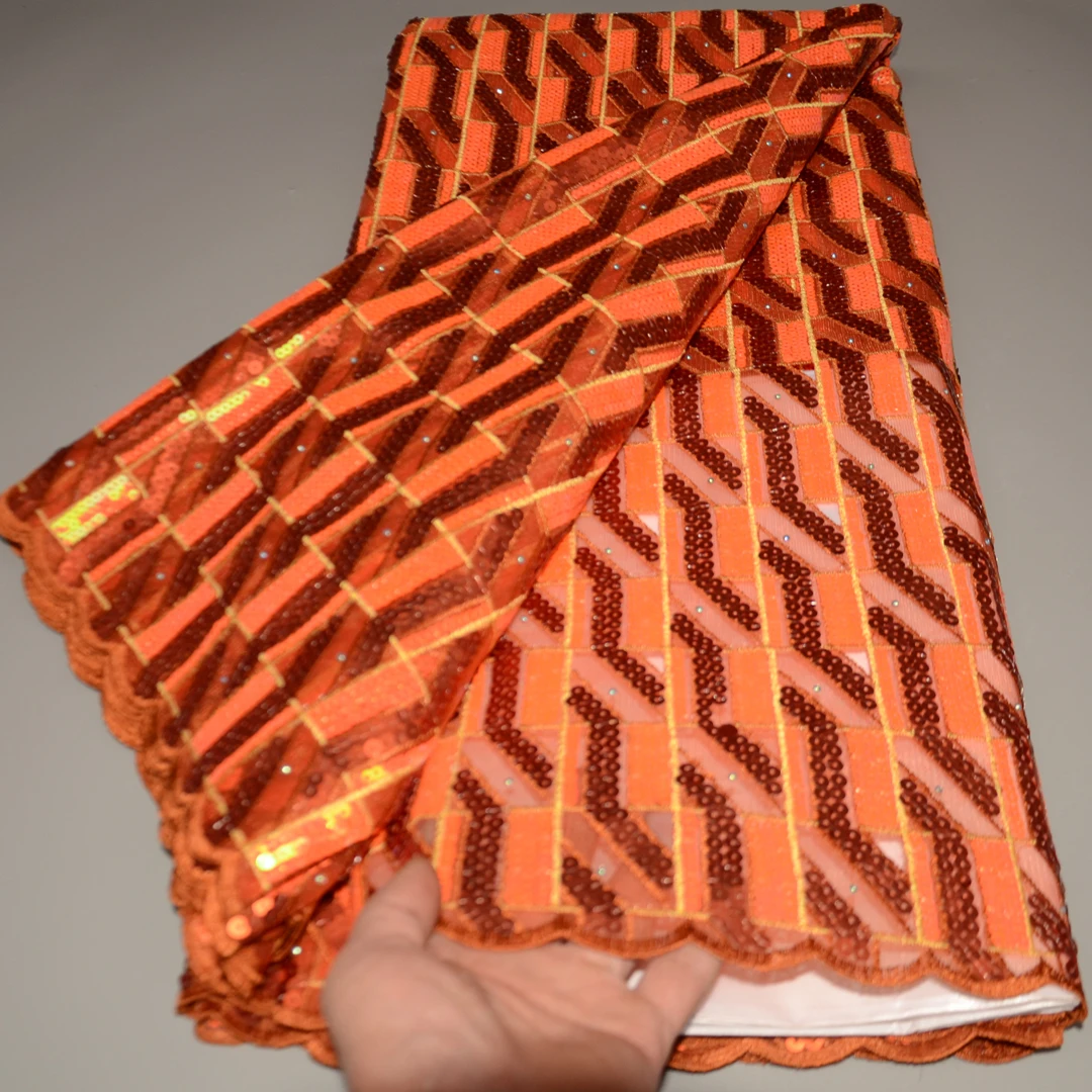 

(5 ярдов/шт.) Прекрасная вышитая африканская кружевная органза ручной работы оранжевая фотография вечерние вечернего платья OP175