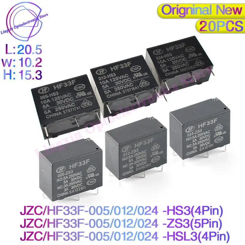 Relé da C.c. 5v 12 24v hf Jzc33f 005 012 024-hs3 Zs3 Hf33f012-zs3 5pin Jzc-33f-024-hs3 Pin 5a 250vac Hf33f 20 Peças