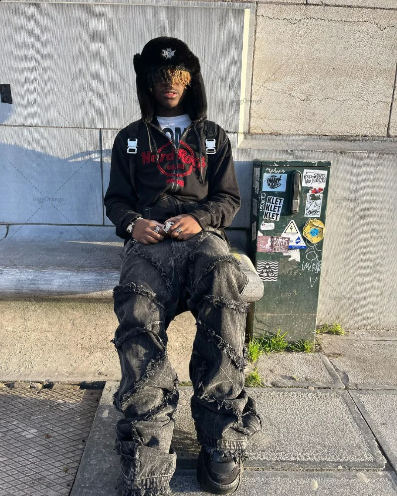 

Gothic Street Design Sense American Retro Low Waist Straight Jeans Men's New Raw Edge Do Old Tie Casual Decadent Jeans Rap Pants