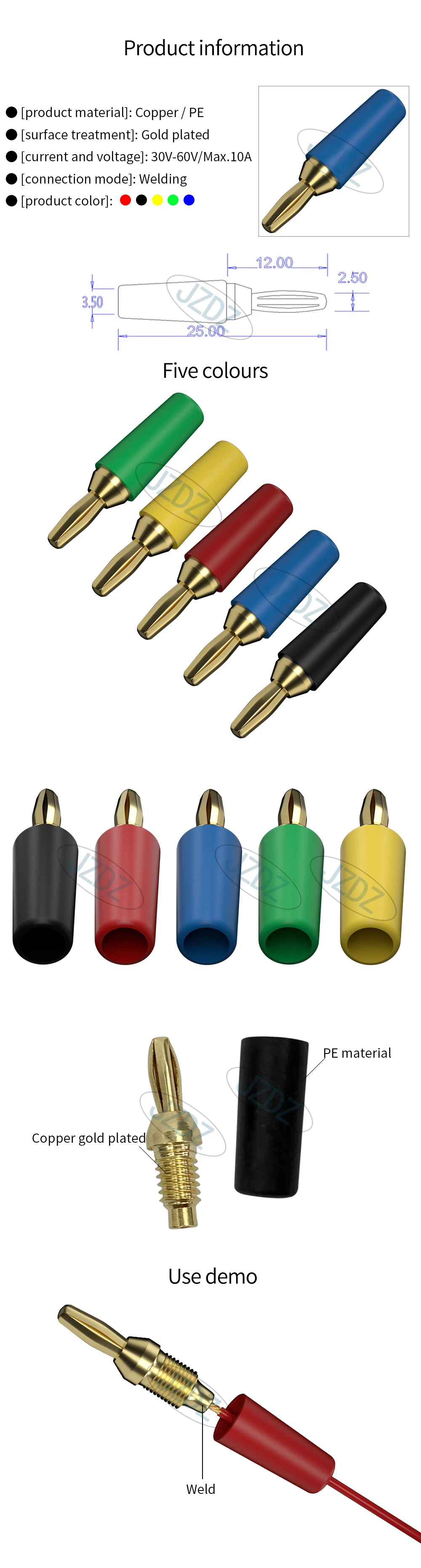 JZDZ 10PCS 2,5 MM Bananenstecker Vergoldete Bananenstift Elektrische Steckverbinder Zubehör J.10007 – Detail 1