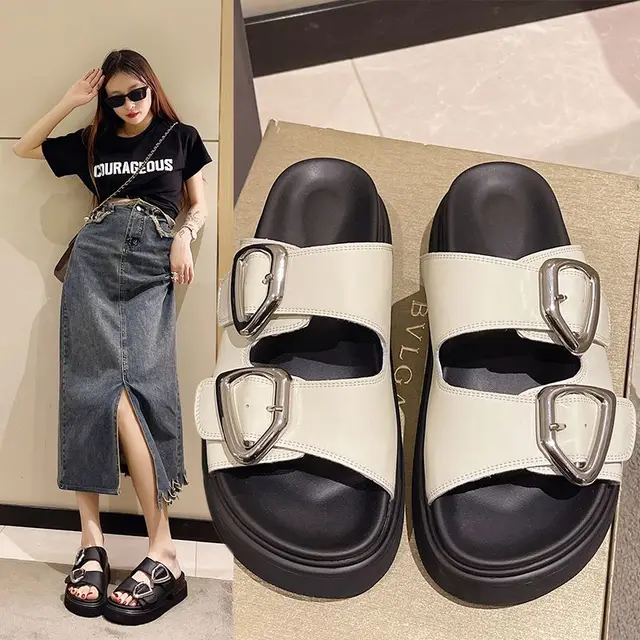 Slides Rubber Black Women's Slippers And Ladies Sandals Round Toe Height Summer 2025 With Heel Shoes Unique Luxury Luxury Casual