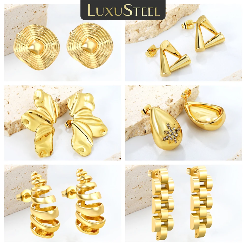 Stud Earrings Women Water Drop Golden CZ Punk Style Cubic Zirconia Stainless Steel Female Elegant Jewelry Gift