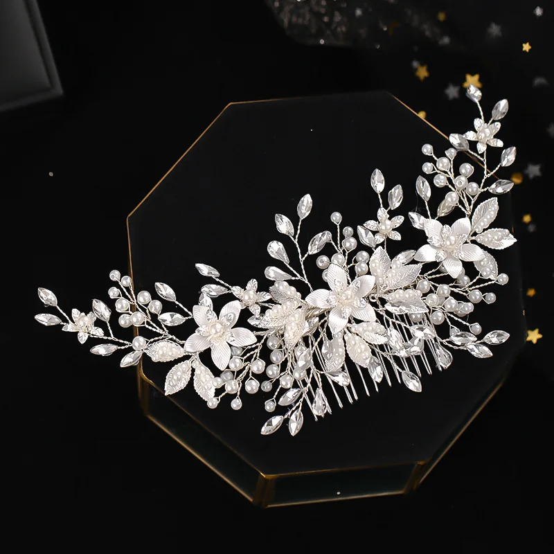 Bride Silver Flower Comb Handmade Pearl Hairpin bridal hair accessories hair accessories