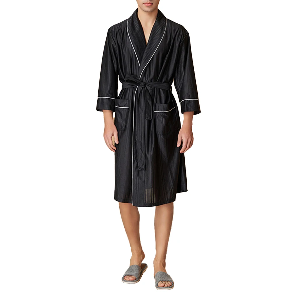 

Nightwear Men Contrast Daily Kimono Long Sleeve Loose Nightgown Pajamas Soft V-neck With Pockets Comfy Fashion