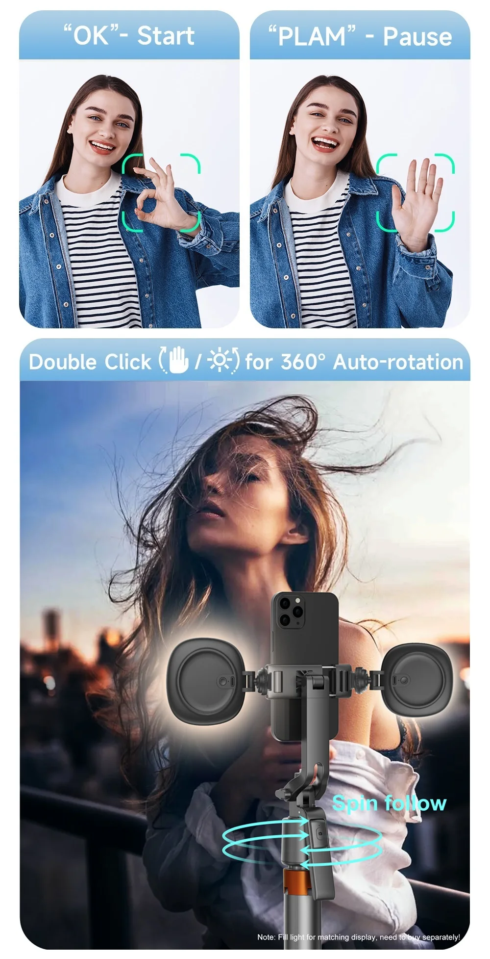 Selfie Stick Tripod Handheld Gimbal Stabilizer Selfie Stick Gimbal Stabilizer 180cm/70.9in Tall 360&deg;Rotation Gimbals Stabilizer Bluetooth Selfie Stick Face Track Phone Holder Tripod Mobile Camera GoPro