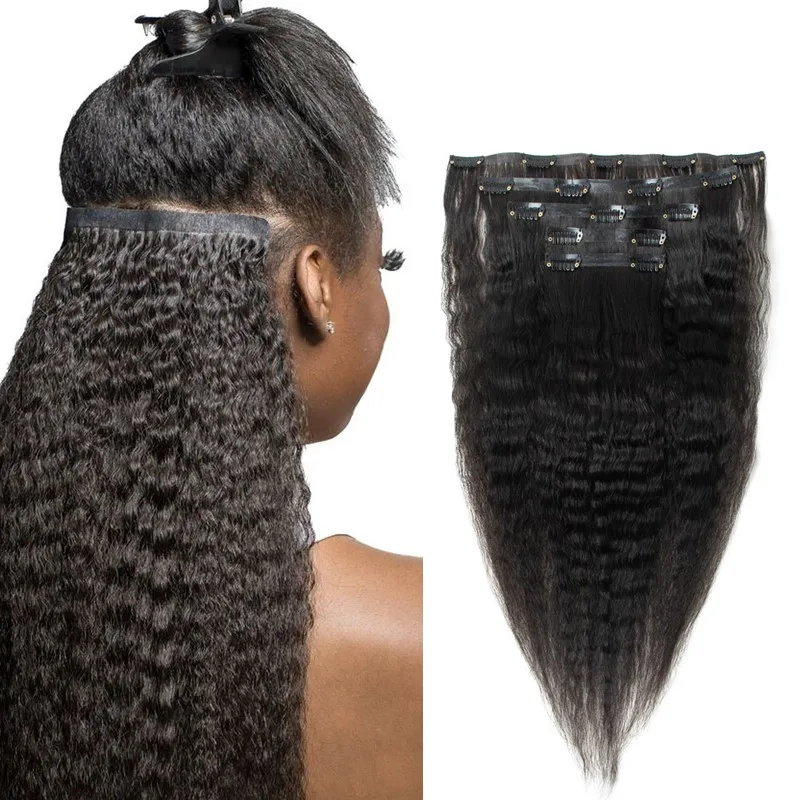 Kinky Straight Long PU Weft Clip In Human Hair Extensions Seamless Clip On Hair Yaki Natural Remy in Extensions