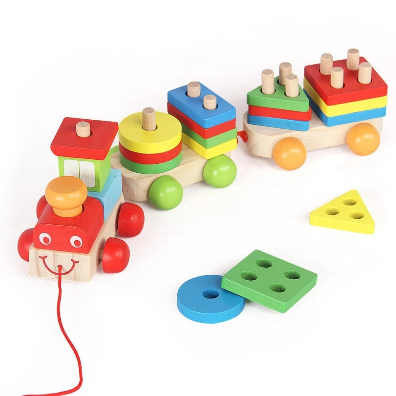 Children's Wooden Building Block Train Toy Shape sorter and Stacking Game for Toddlers Matching Puzzle