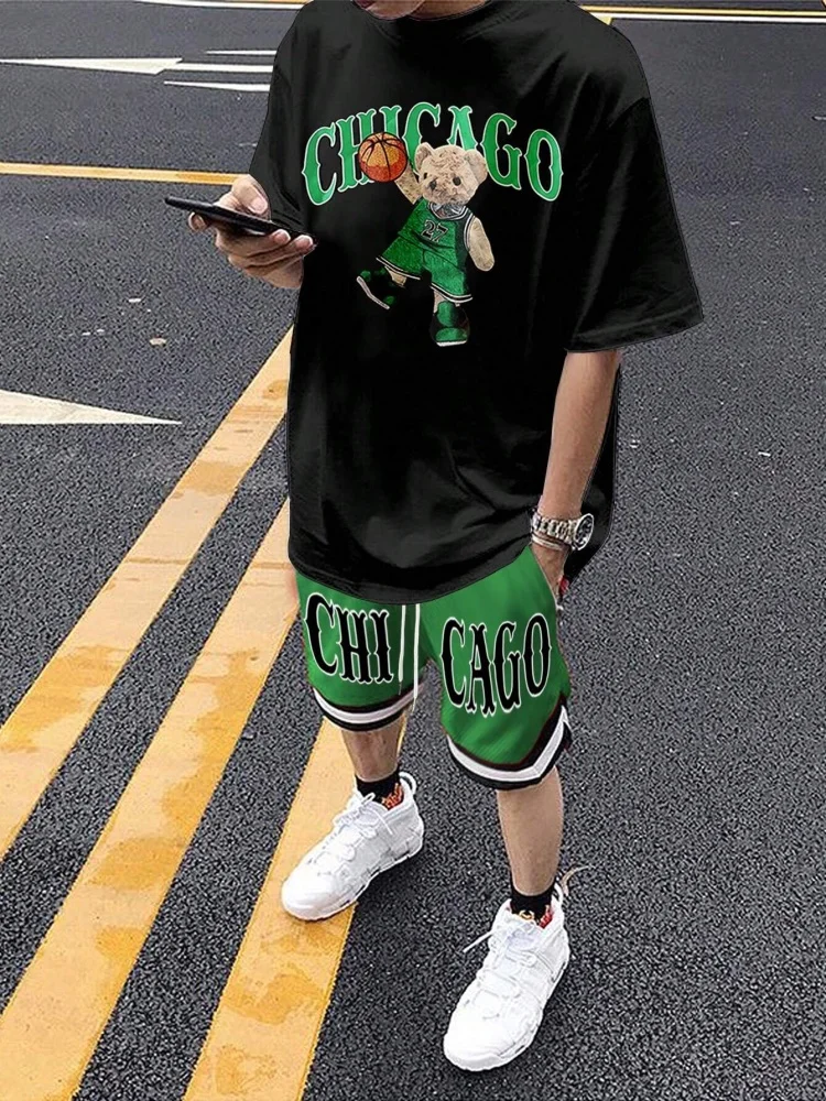 Cartoon Bear 3D Printed Men's Round Neck Short Sleeve 2pcs Suit Urban Street Trend Men's Top Outdoor Men's Drawstring Shorts 3